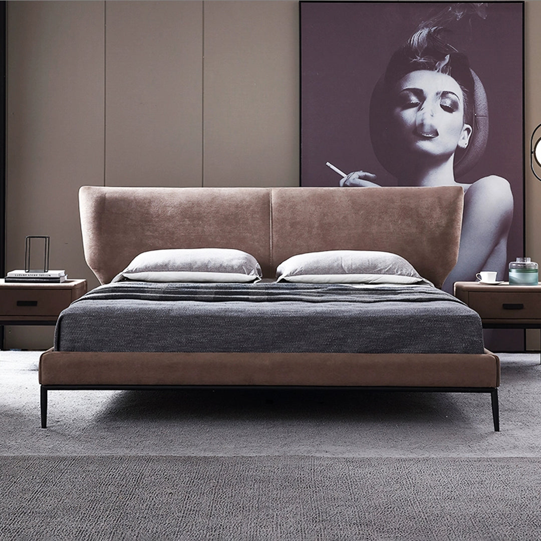 Brown velvet greta king size bed with sleek modern design and black metal legs no storage option