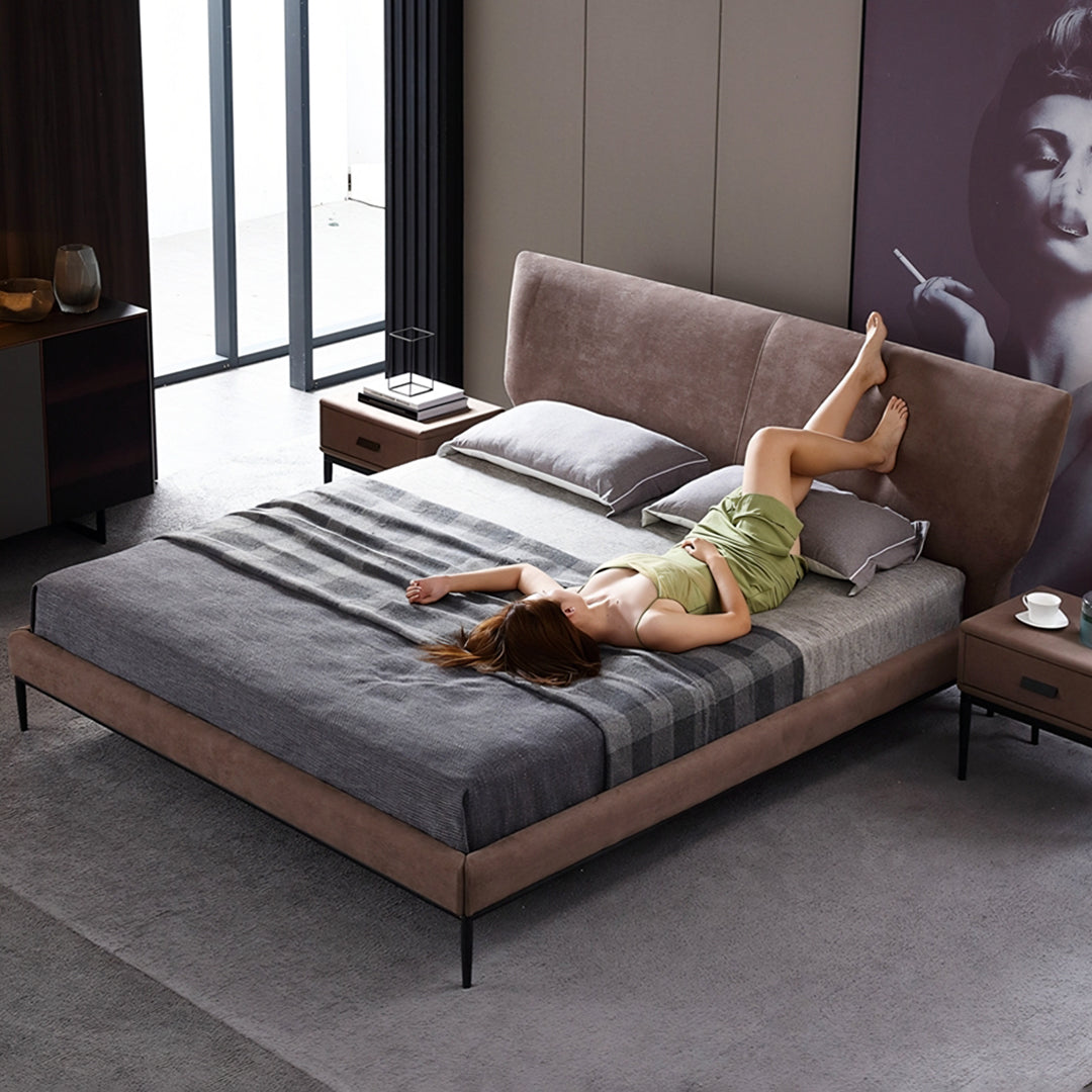 Modern taupe upholstered greta king size and super king size bed with sleek minimalist design and matching gray bedding