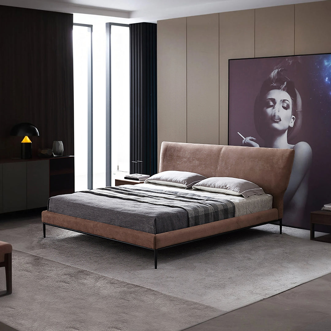 Modern greta king size and super king size taupe velvet bed with sleek black metal legs minimalist design no storage