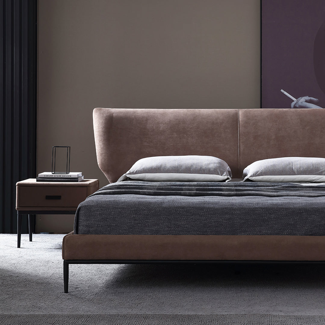 Modern taupe velvet greta king size bed with sleek metal legs and minimalist design no storage king size super king size