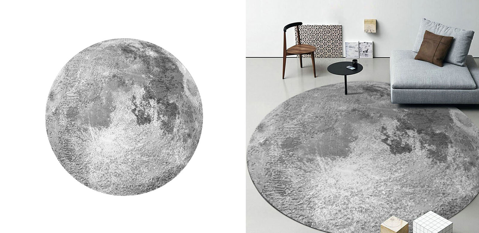 Grey and white moon rug with textured surface and realistic lunar crater details perfect as a white moon rug