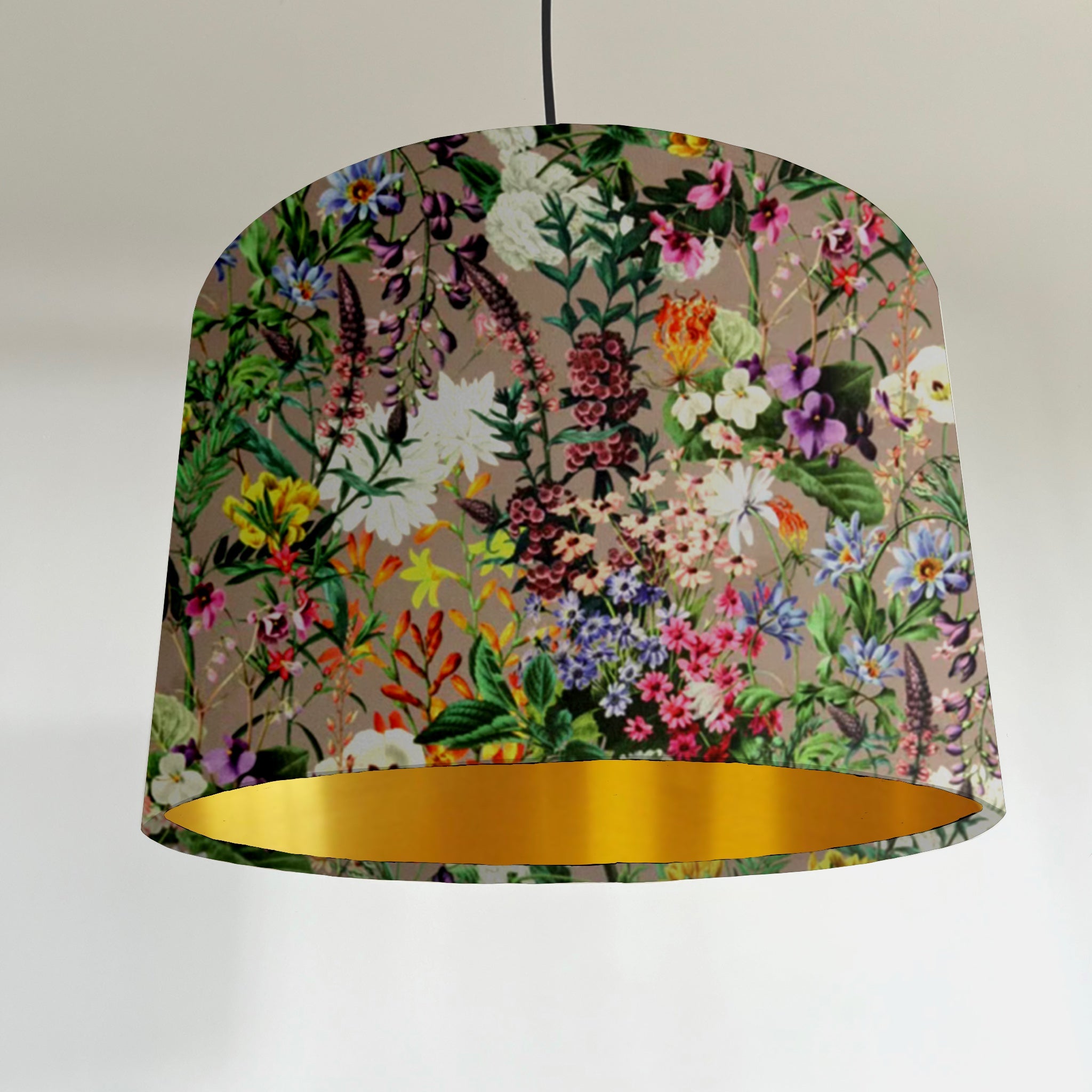 A grey flowers velvet drum ceiling shade with a 30cm height and a metallic brushed gold interior lining