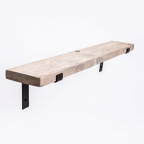 A rustic grey wall shelf with natural wood grain and black metal brackets perfect for living room free uk delivery