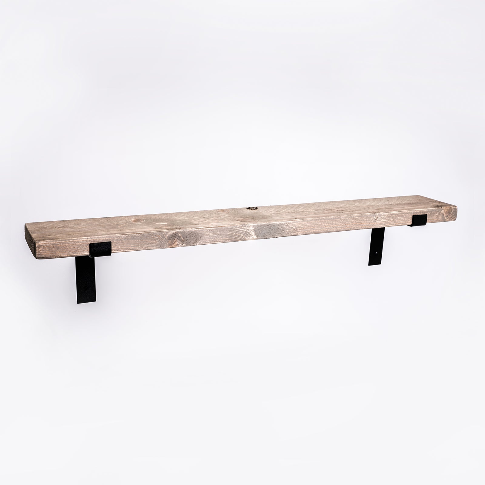 Light gray reclaimed wood floating shelf with black metal brackets perfect for living room with free uk delivery