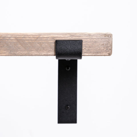Rustic light wood grey wall shelves with black metal bracket and leather accent perfect for living room free uk delivery