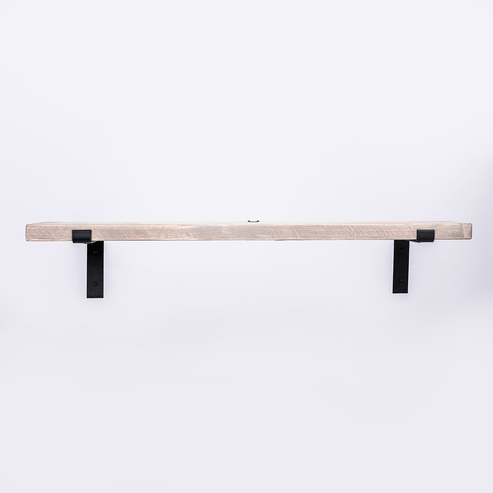 Rustic light-colored solid wood grey wall shelves with black metal brackets for living room free uk delivery