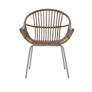 Grey wash natural rattan armchair with curved back and metal legs perfect for stylish indoor seating