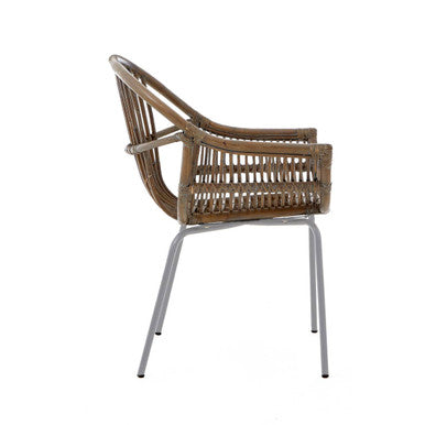 Grey wash natural rattan chair with woven brown rattan and slender silver metal legs perfect for stylish seating