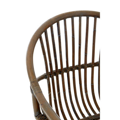 Brown woven grey wash natural rattan chair with curved backrest and vertical slats for stylish seating