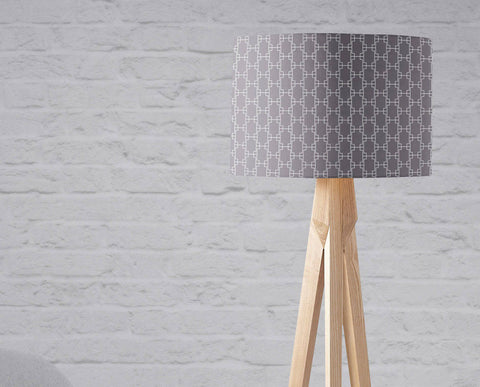 Gray gradient table lamp with white squares geometric design and light wood tripod base inch diameter shade