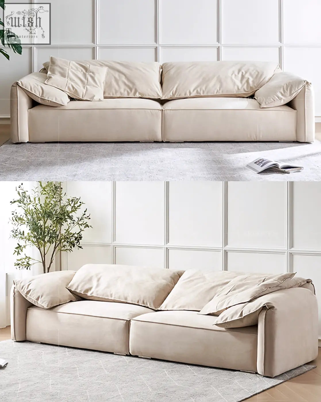 Beige velvet grimm three seater sofa with plush cushioned seating and matching throw pillows for cozy comfort