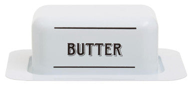 White metal butter dish with black butter lettering and two lines designed for stylish kitchen storage