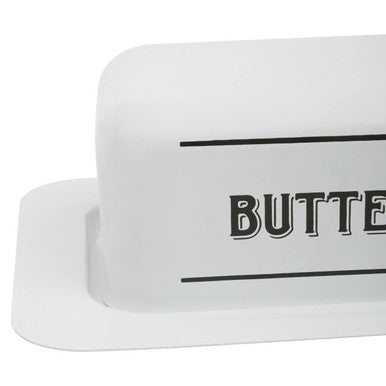 White metal butter dish with black butter lettering and decorative lines made of white plastic for storing butter
