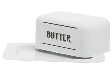 White metal butter dish grocer with a rectangular metal butter container and black butter lettering