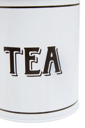 White metal tea canister with black tea lettering and thin horizontal lines perfect for storing loose leaf tea
