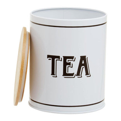 White metal tea canister with black tea lettering and light wood lid perfect for storing loose leaf tea