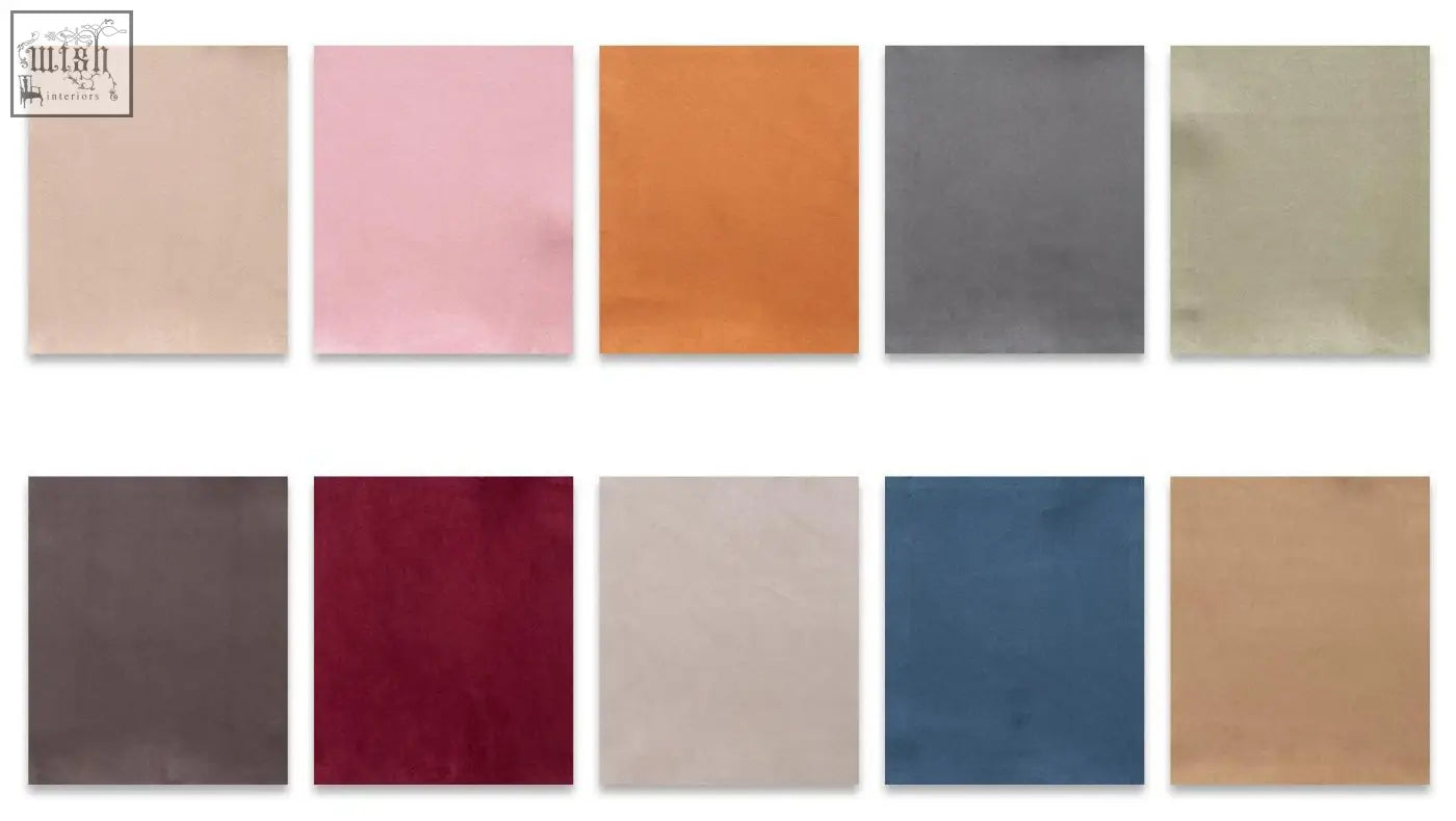 Collection of ten leather swatches in neutral and bold colors for grover three seater suede corner sofa options