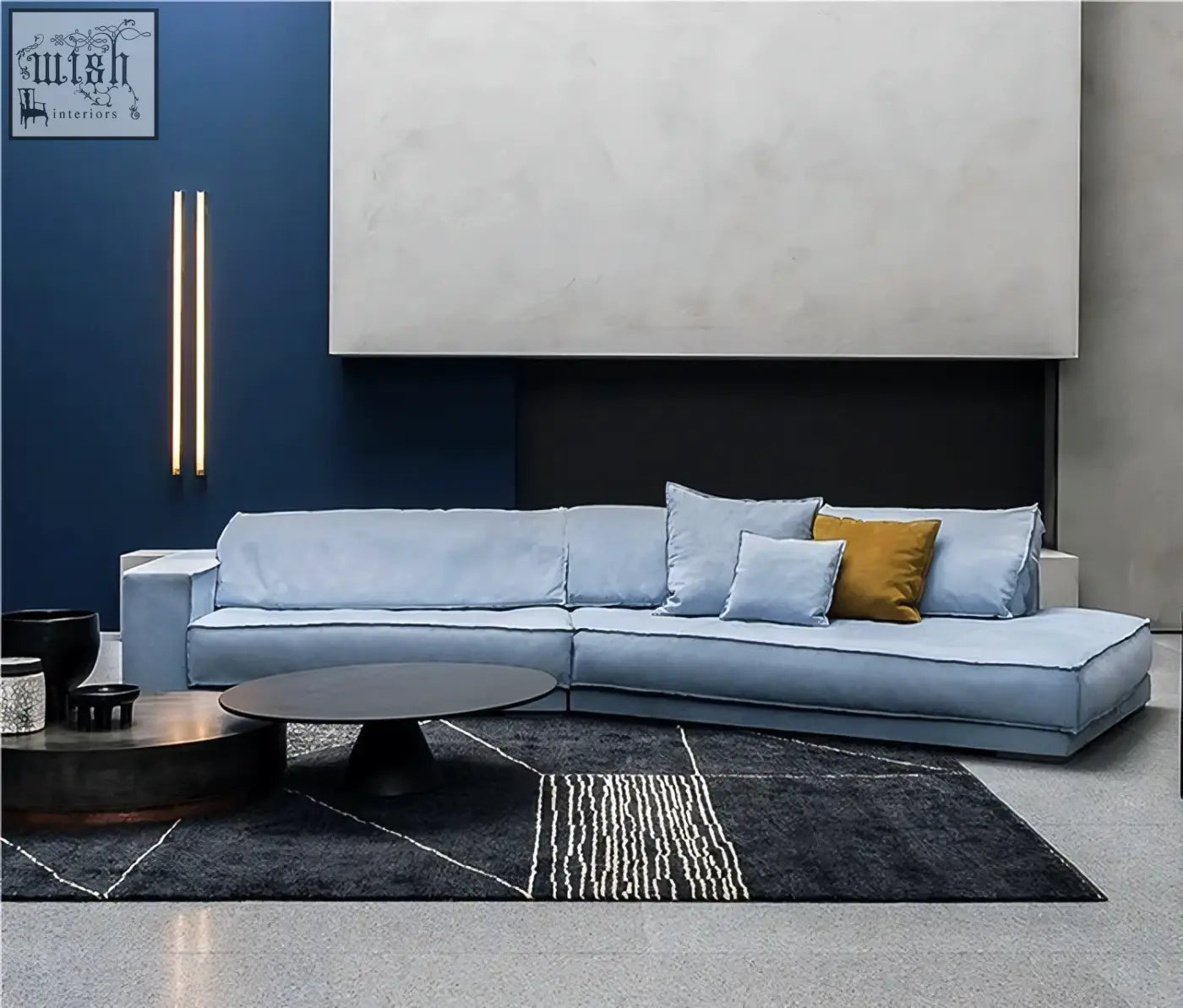 Light blue suedue grover three seater corner sofa with matching cushions and a mustard yellow accent pillow