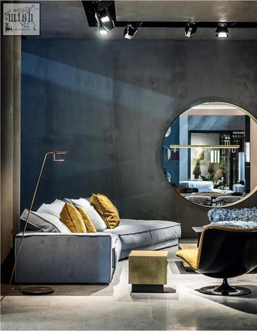 Modern gray velvet seater corner sofa grover three seater sofa suedue with gold-accented throw pillows