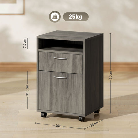 HOMCOM 60cm Filing Cabinet with Drawer, Open Shelf, Metal Handles and 4 Wheels, Office Home Organiser Mobile Printer, Grey