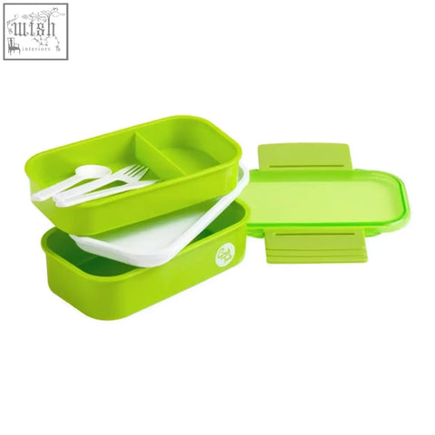 Bright lime green plastic grub tub green lunch box with white compartments and matching lid for green lunch use