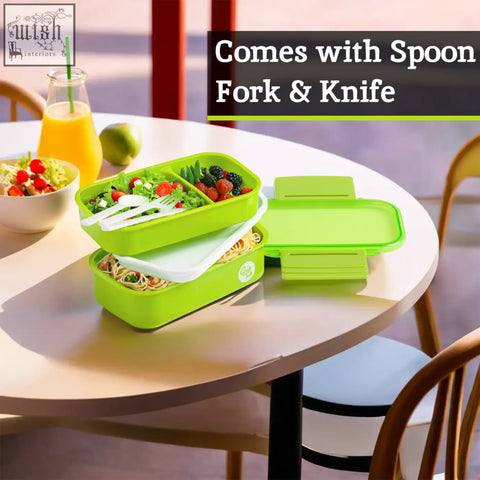 Bright green grub tub lunch box with two compartments white plastic cutlery and matching lid for green lunch use