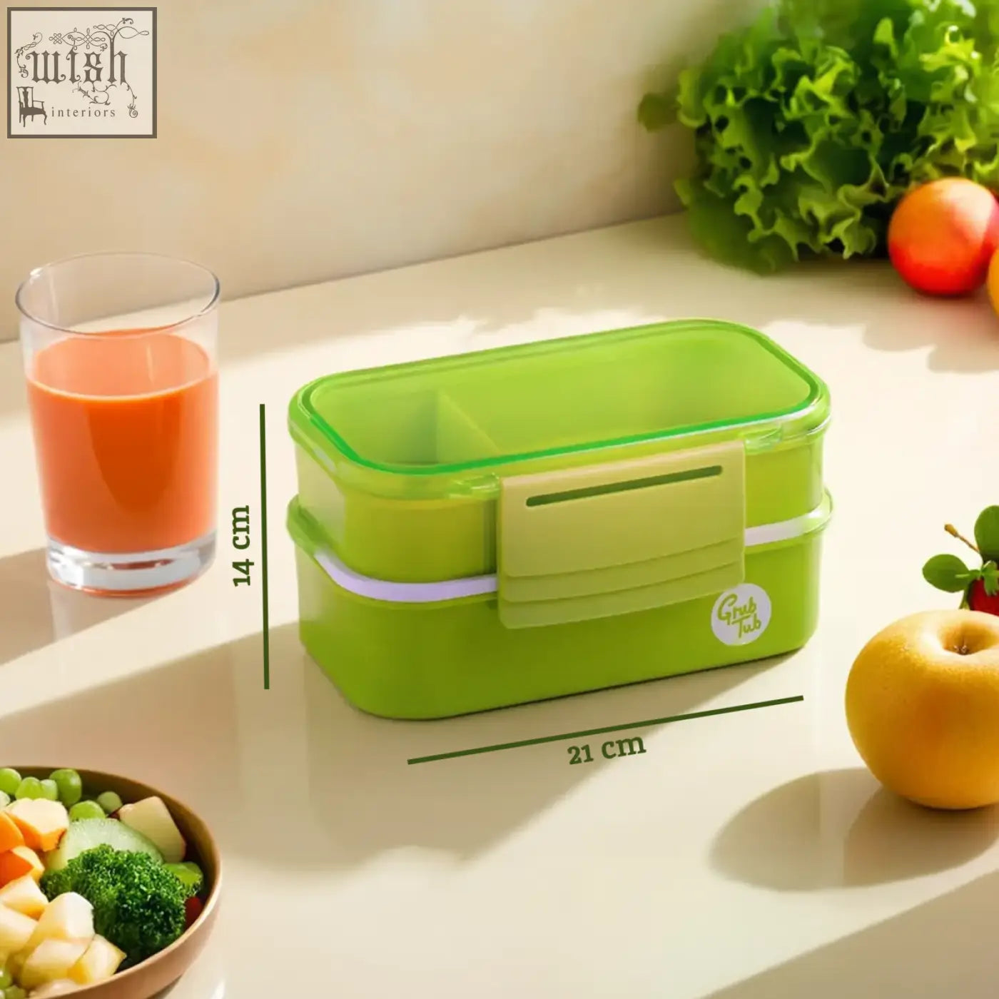Bright green two-tiered grub tub green lunch box with cutlery featuring white logo and beige latch for green lunch use