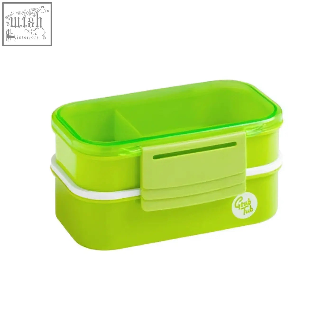 Lime green two-tier green lunch box with clear lid and white trim ideal for lunch and on the go meals