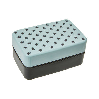 A rectangular grub tub light blue star lunch box with a black base and matching cutlery for easy meals on the go