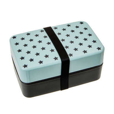 Light blue grub tub light lunch box with black star pattern and strap includes cutlery for easy meals on the go