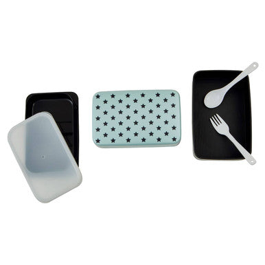 Black and mint green star-patterned plastic grub tub light blue star lunch box with matching cutlery set