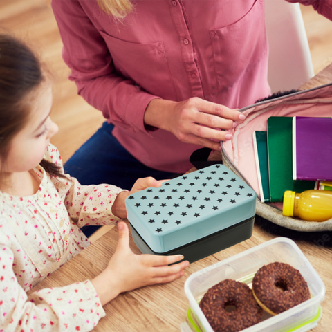 Light blue and black two toned grub tub light bento box with star patterned lid and cutlery set for lunch