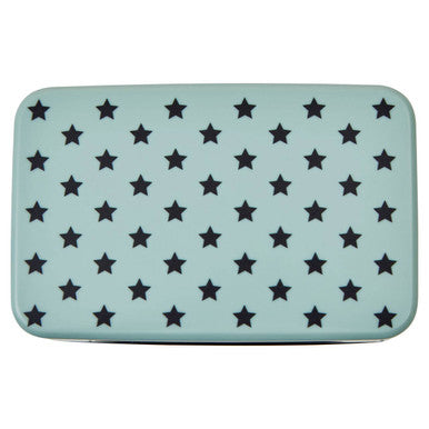 A grub tub light blue star lunch box with cutlery in mint green and black star pattern design