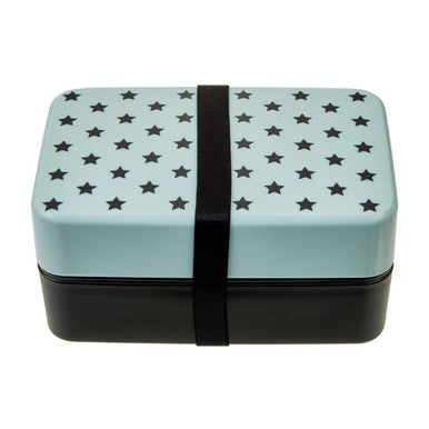 A sleek grub tub light blue star lunch box with a light blue top layer and black base secured by a black strap