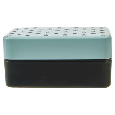 A sleek grub tub light blue star lunch box with cutlery featuring a light blue top and black base perfect for meals