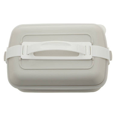 Gray plastic grub tub lunch box with warm grey body and white handle strap and latches for easy carrying