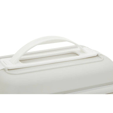 White plastic suitcase handle with smooth curved design on grub tub warm grey and white lunch box