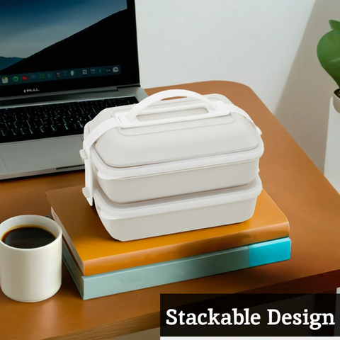 White stackable grub tub lunch box with handle and interlocking sides in warm grey and white