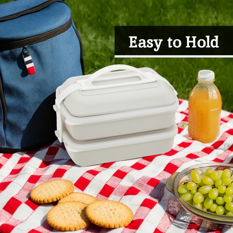 White stackable grub tub lunch box with handle and lid in warm grey and white perfect for meal prep