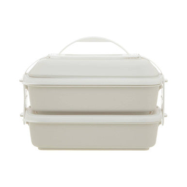 White two-tiered grub tub lunch box with handle and side latches in warm grey and white for easy meal storage