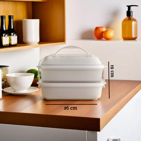 White two-tiered plastic grub tub lunch box with lid handle in warm grey and white for easy meal storage