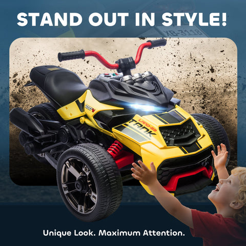 AIYAPLAY 12V Kids Electric Ride On Car with 3 Wheeler, MP3 Player, Horn, 2 Speeds, LED Lights for Boys & Girls Ages 3-8, Yellow