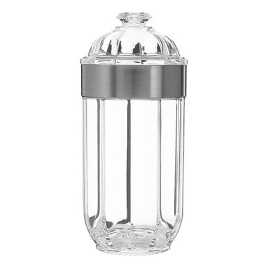 Clear glass cocktail shaker with silver acrylic storage jar lid and large silver acrylic metal band accessory