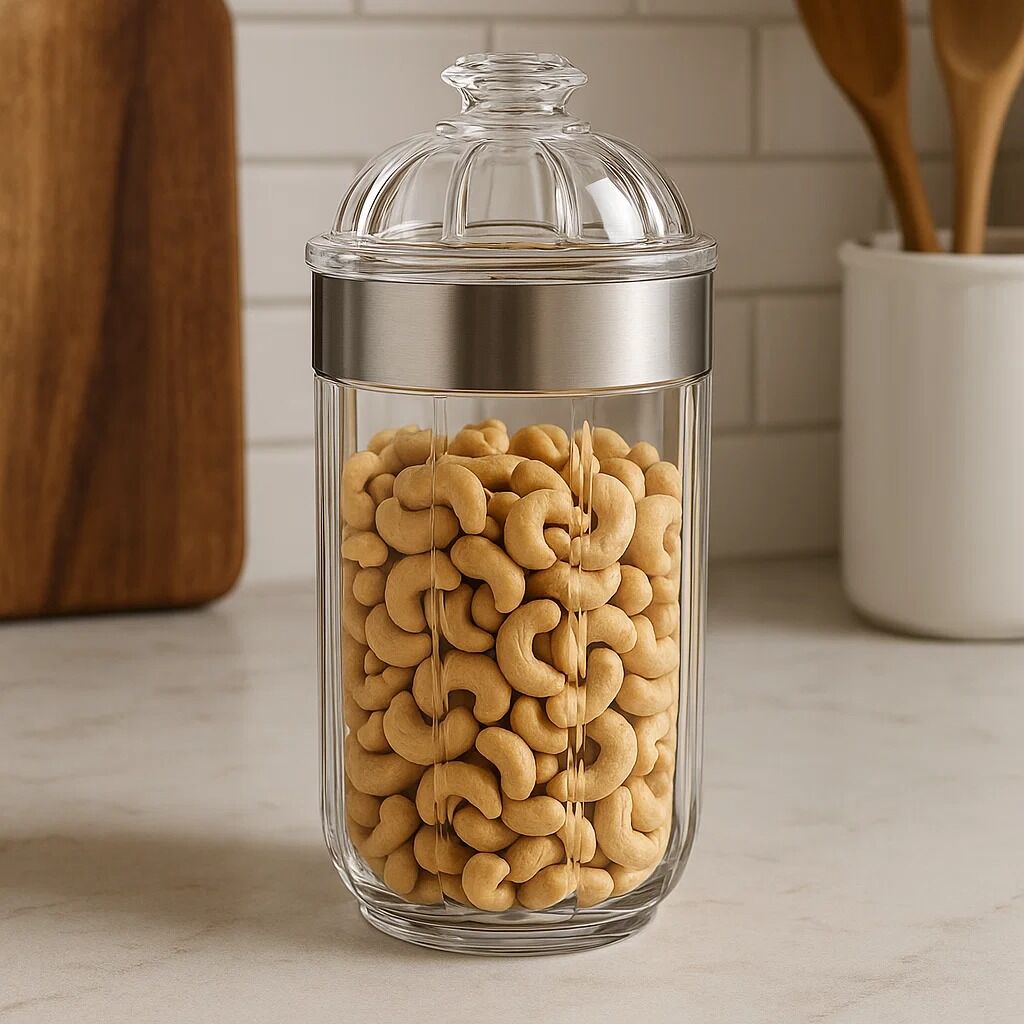 Clear glass guan large silver acrylic storage jar with silver metal band and decorative lid filled with cashews