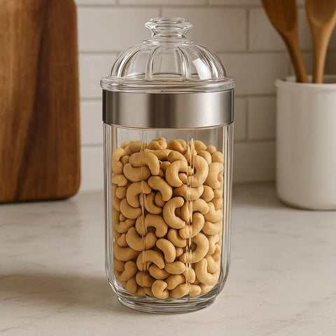 Clear glass guan large silver acrylic storage jar with silver metal band and decorative lid filled with cashews