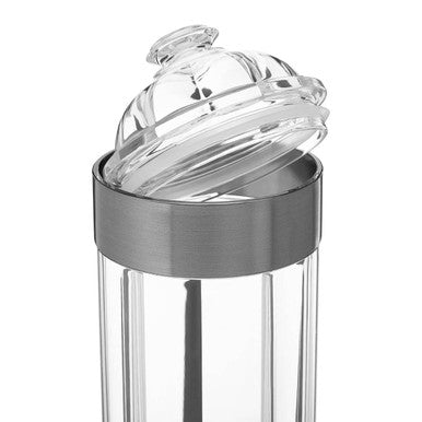 Clear glass salt shaker with brushed stainless steel lid and band for large silver acrylic storage jar use