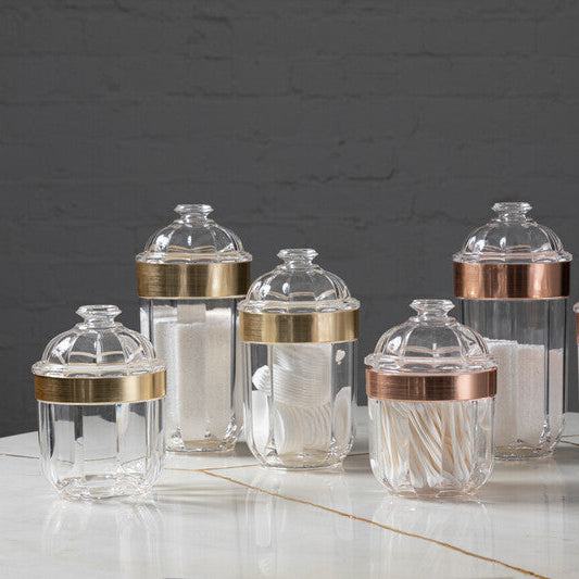 Clear glass guan medium rose gold acrylic storage jars with gold-toned bands and domed lids in varying heights