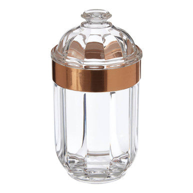 Clear glass guan medium rose gold acrylic storage jar with vertical ridges and copper colored band and lid