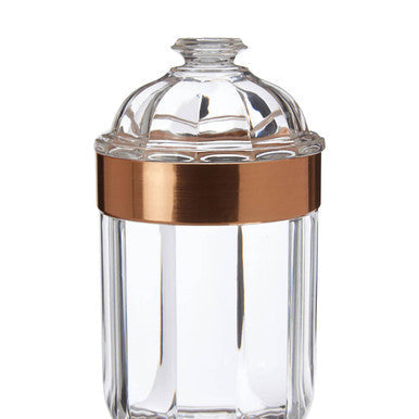 Clear glass medium rose gold acrylic storage jar with faceted dome lid and polished copper band around the neck