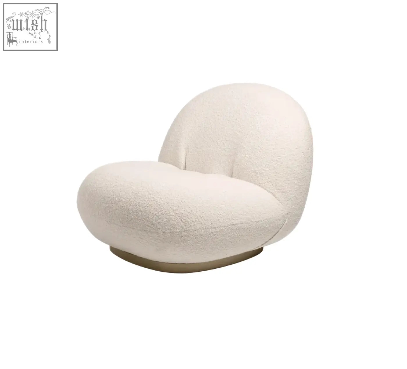 Cream-colored gubi pacha lounge chair with plush boucle upholstery and sleek gold metallic base perfect for accents